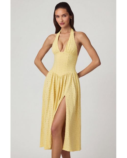 Oh Polly Yellow Modal Broderie Anglaise Halterneck Midaxi Dress