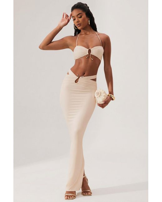 Oh Polly White Ruched Waist Hardware Detail Maxi Skirt