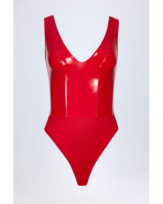 Oh Polly Red Glossy Vinyl Plunge-Neck Bodysuit