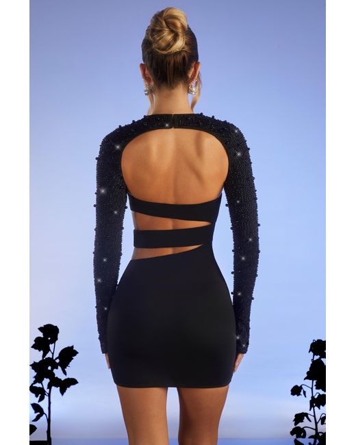 Oh Polly Black Embellished Long Sleeve Cut Out Mini Dress