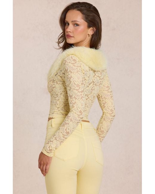 Oh Polly Yellow Lace Faux-Fur-Trim Cardigan