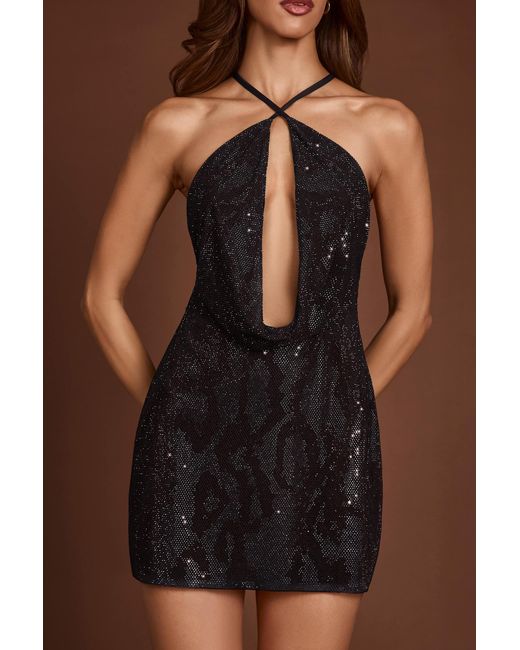 Oh Polly Black Embellished Halterneck Cowl A-Line Mini Dress