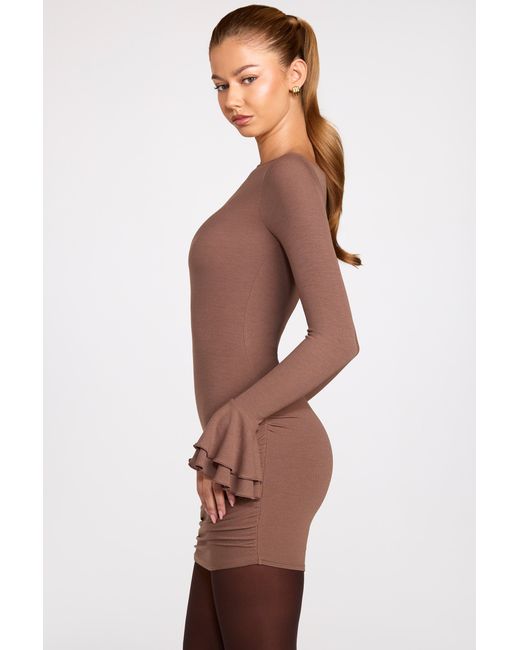 Oh Polly Brown Ribbed Modal Long-Sleeve Draped Mini Dress