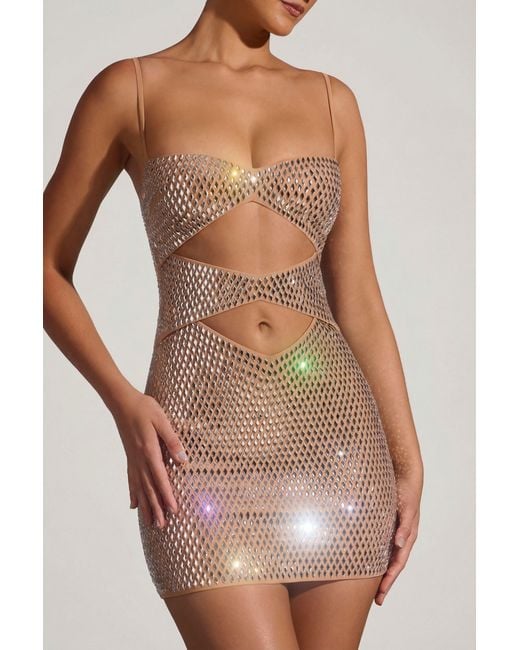 Oh Polly Natural Embellished Cut-Out Mini Dress