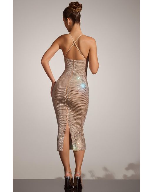 Oh Polly Natural Embellished Plunge Midaxi Dress