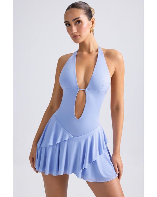 Oh Polly Blue Ruffled Cut-Out Halterneck Mini Dress