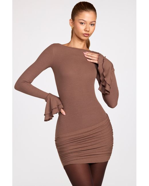 Oh Polly Brown Ribbed Modal Long-Sleeve Draped Mini Dress