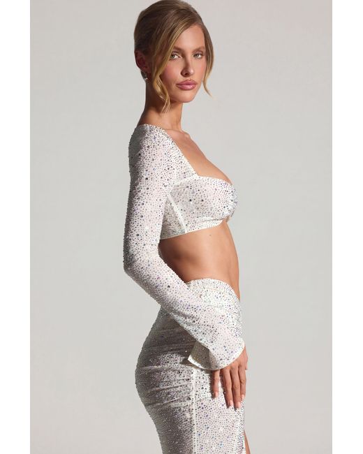 Oh Polly White Embellished Long-Sleeve Crop Top