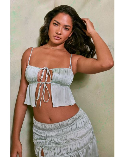 Oh Polly Green Shirred Tie Up Front Crop Top