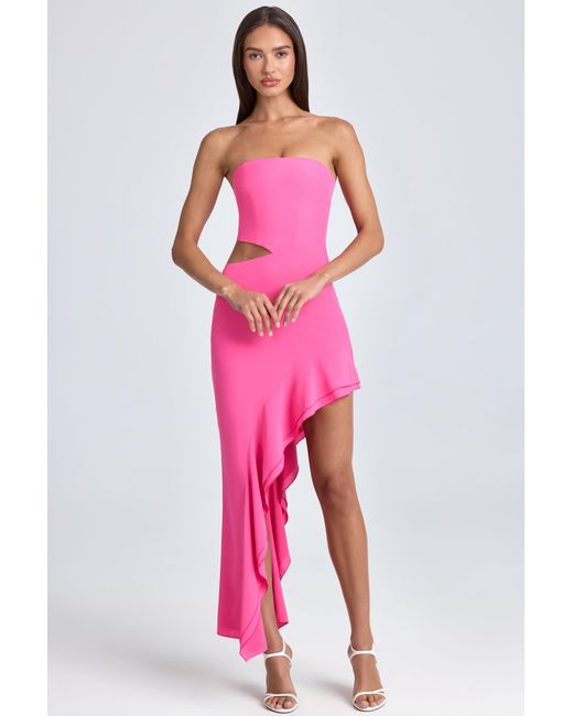 Oh Polly Pink Bandeau Cut-Out Ruffle-Trim Maxi Dress