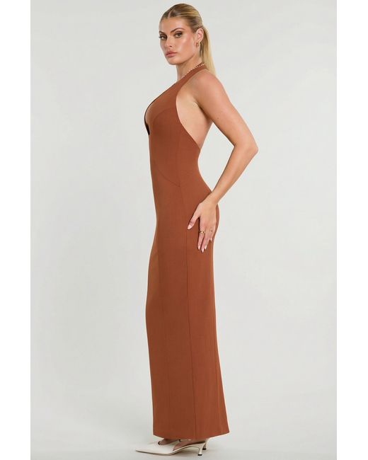 Oh Polly Brown Woven Twill Halter Neck Plunge Maxi Dress