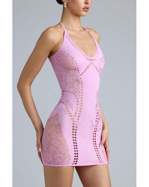 Oh Polly Pink Embellished Halterneck Mini Dress