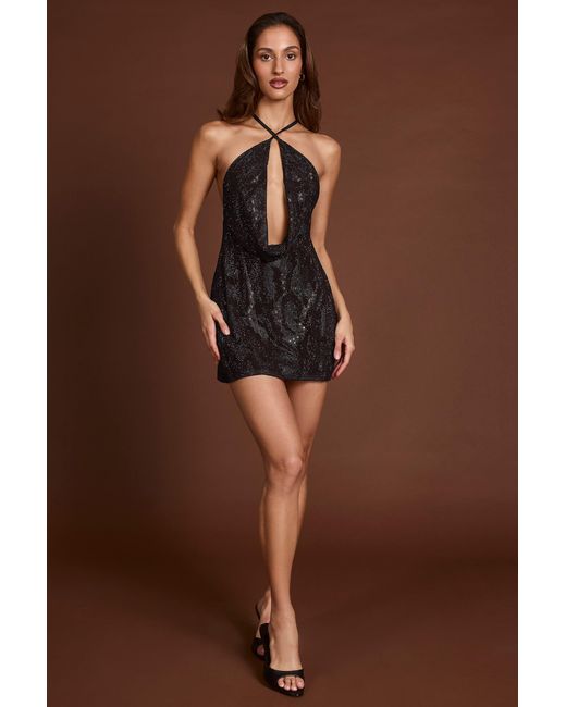 Oh Polly Black Embellished Halterneck Cowl A-Line Mini Dress