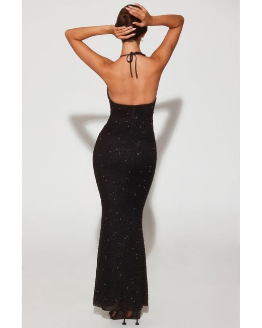 Oh Polly Black Embellished Plunge Halter Neck Evening Gown