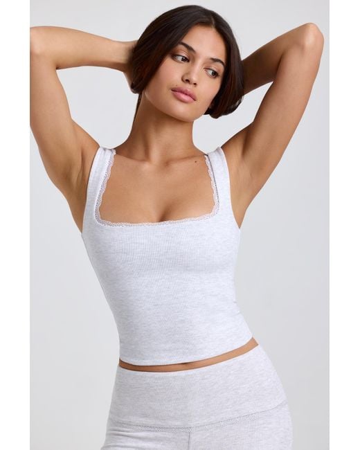 Oh Polly Gray Ribbed Modal Lace-Trim Tank Top