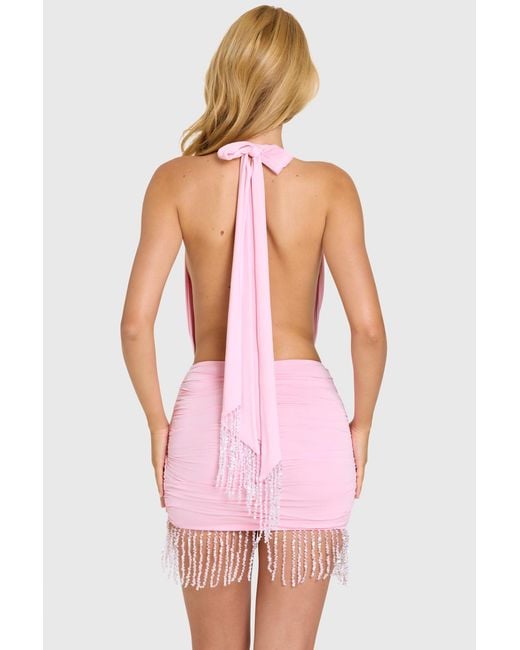 Oh Polly Pink Fringed Halterneck Mini Dress