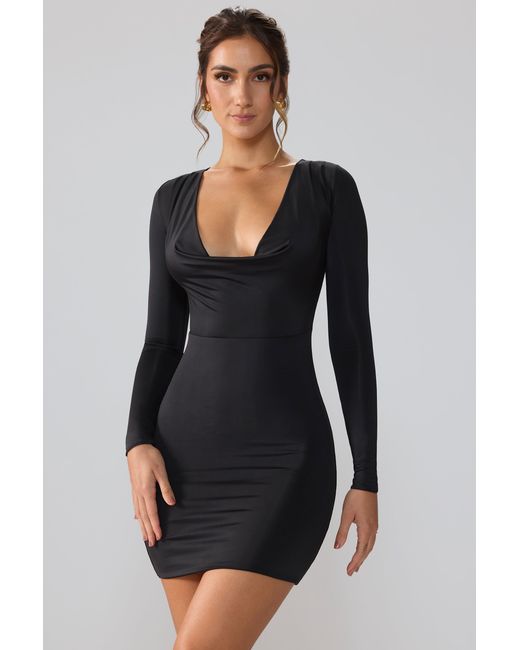 Oh Polly Black Slinky Jersey Long Sleeve Plunge Neck Mini Dress