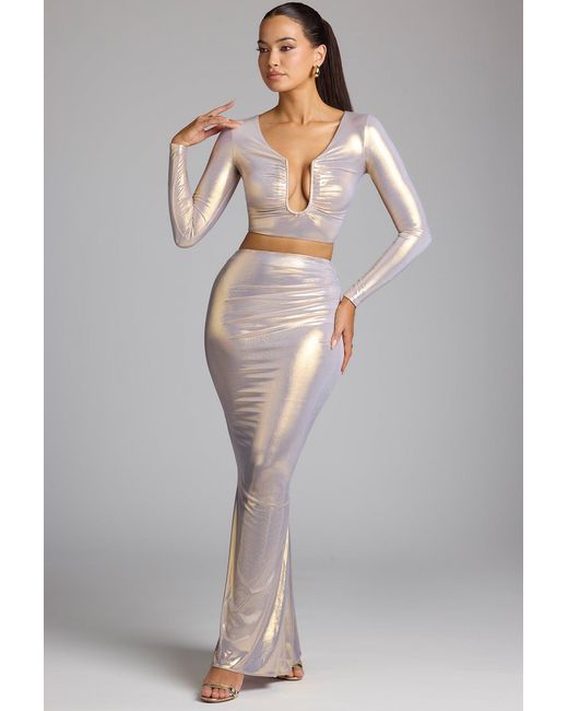 Oh Polly Mid Rise Metallic Jersey Maxi Skirt