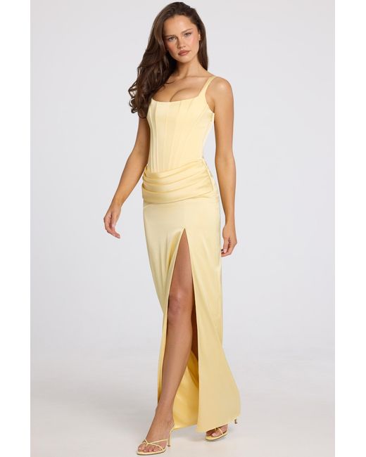 Oh Polly Yellow Corseted Thigh-High Split Maxi Dress