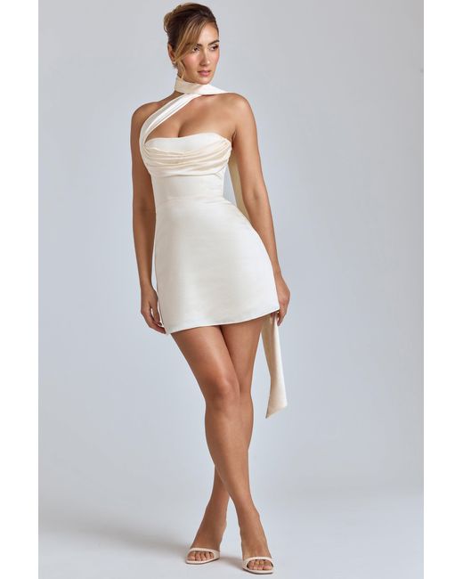 Oh Polly White Draped Halterneck Satin Mini Dress