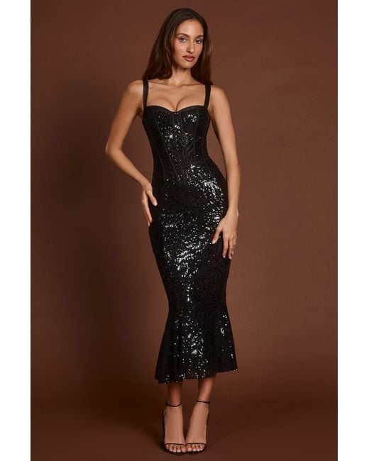 Oh Polly Black Embellished Peekaboo Corset Midaxi Dress