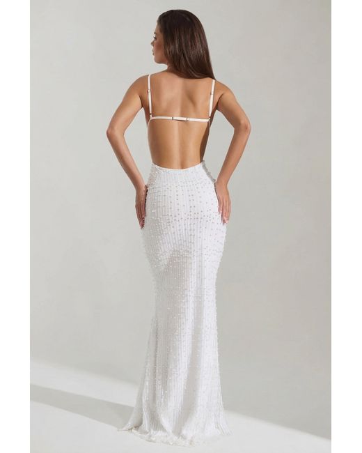 Oh Polly White Embellished Cowl-Neck Backless Maxi Dress