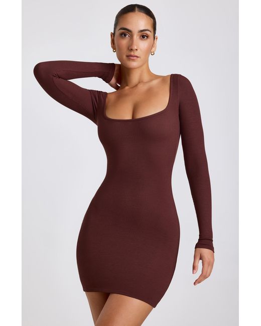 Oh Polly Brown Ribbed Modal Long Sleeve Mini Dress