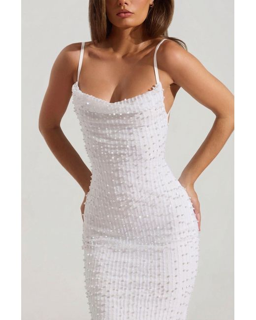 Oh Polly White Embellished Cowl-Neck Backless Maxi Dress