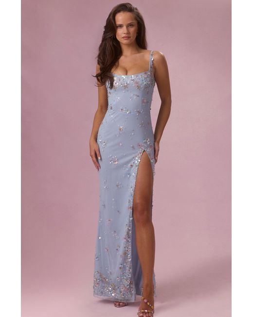 Oh Polly Blue Embellished Corset Maxi Dress