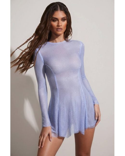 Oh Polly Blue Embellished Long Sleeve Backless Mini Dress