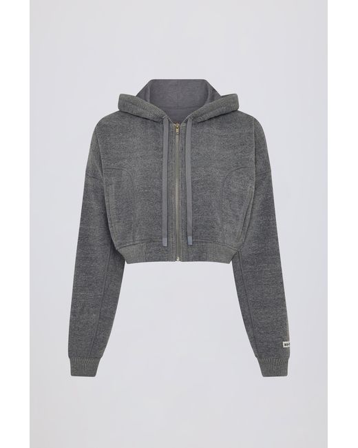 BO+TEE Gray Terry Cotton Zip-Up Cropped Hoodie