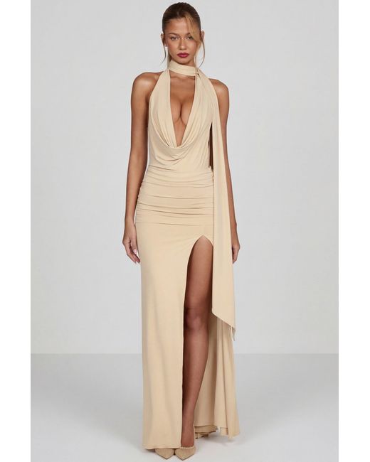 Oh Polly Natural Soft-Jersey Plunge Halterneck Maxi Dress