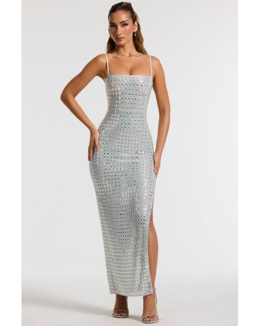 Oh Polly White Embellished Square Neck Thigh Split Gown