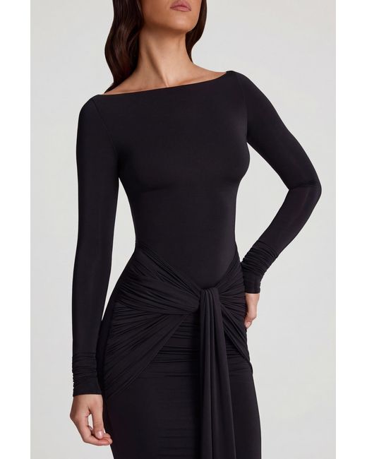 Oh Polly Black Soft Jersey Boat-Neck Tie-Gather Maxi Dress