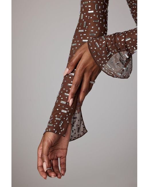 Oh Polly Brown Sheer Embellished Long Sleeve Evening Gown