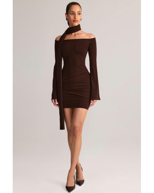 Oh Polly Brown Knit Scarf-Detail Off-Shoulder Mini Dress