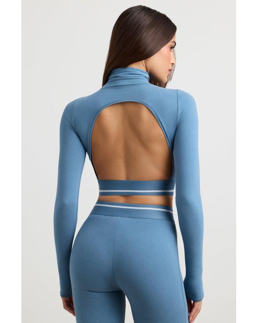 BO+TEE Blue Backless Turtleneck Long-Sleeve Crop Top