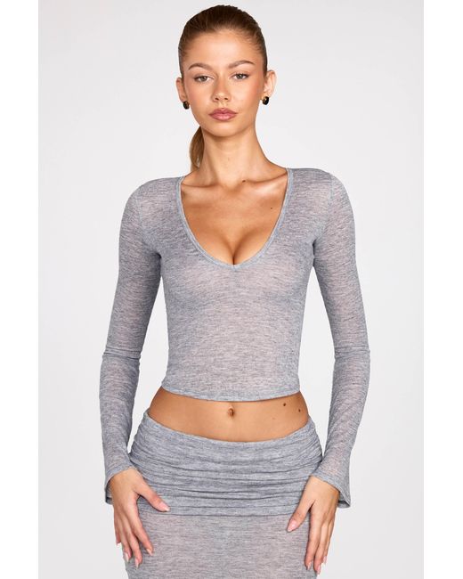 Oh Polly Gray Sheer Jersey Plunge Long-Sleeve Top