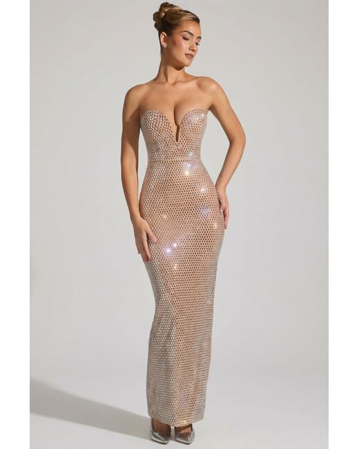 Oh Polly Natural Embellished Strapless Plunge Gown