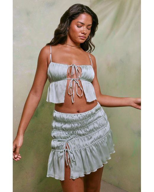 Oh Polly Green Shirred Tie Up Front Crop Top