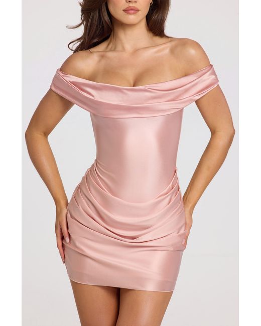 Oh Polly Pink Satin Off-Shoulder Draped Mini Dress