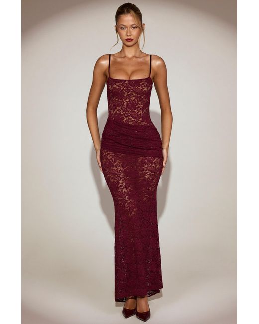 Oh Polly Red Sheer Lace Square-Neck Ruched Gown