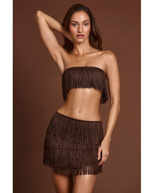 Oh Polly Brown Fringed Mid-Rise Mini Skirt