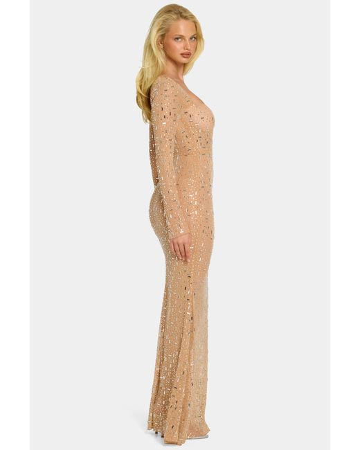Oh Polly Natural Sheer Embellished Long Sleeve Evening Gown