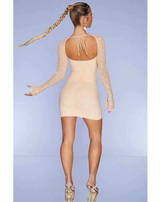 Oh Polly Natural Embellished Long Sleeve Mini Dress