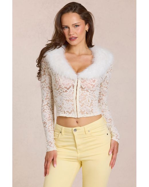 Oh Polly White Lace Faux-Fur-Trim Cardigan