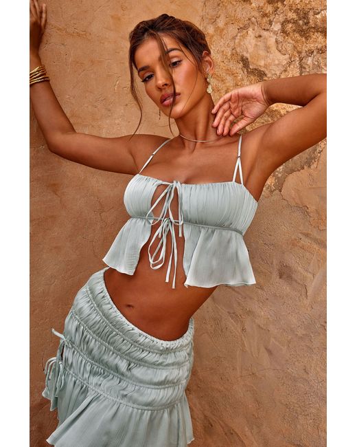 Oh Polly Green Shirred Tie Up Front Crop Top