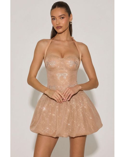 Oh Polly Natural Embellished Halterneck Bubble Hem Mini Dress