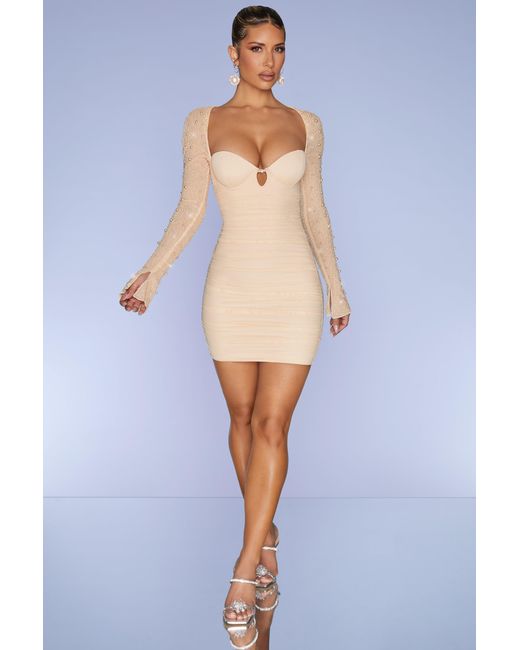 Oh Polly Natural Embellished Long Sleeve Mini Dress