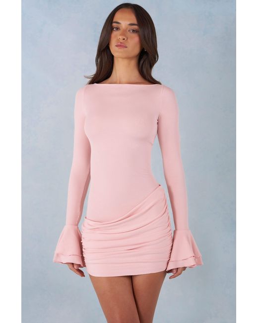 Oh Polly Pink Ribbed Modal Long-Sleeve Draped Mini Dress